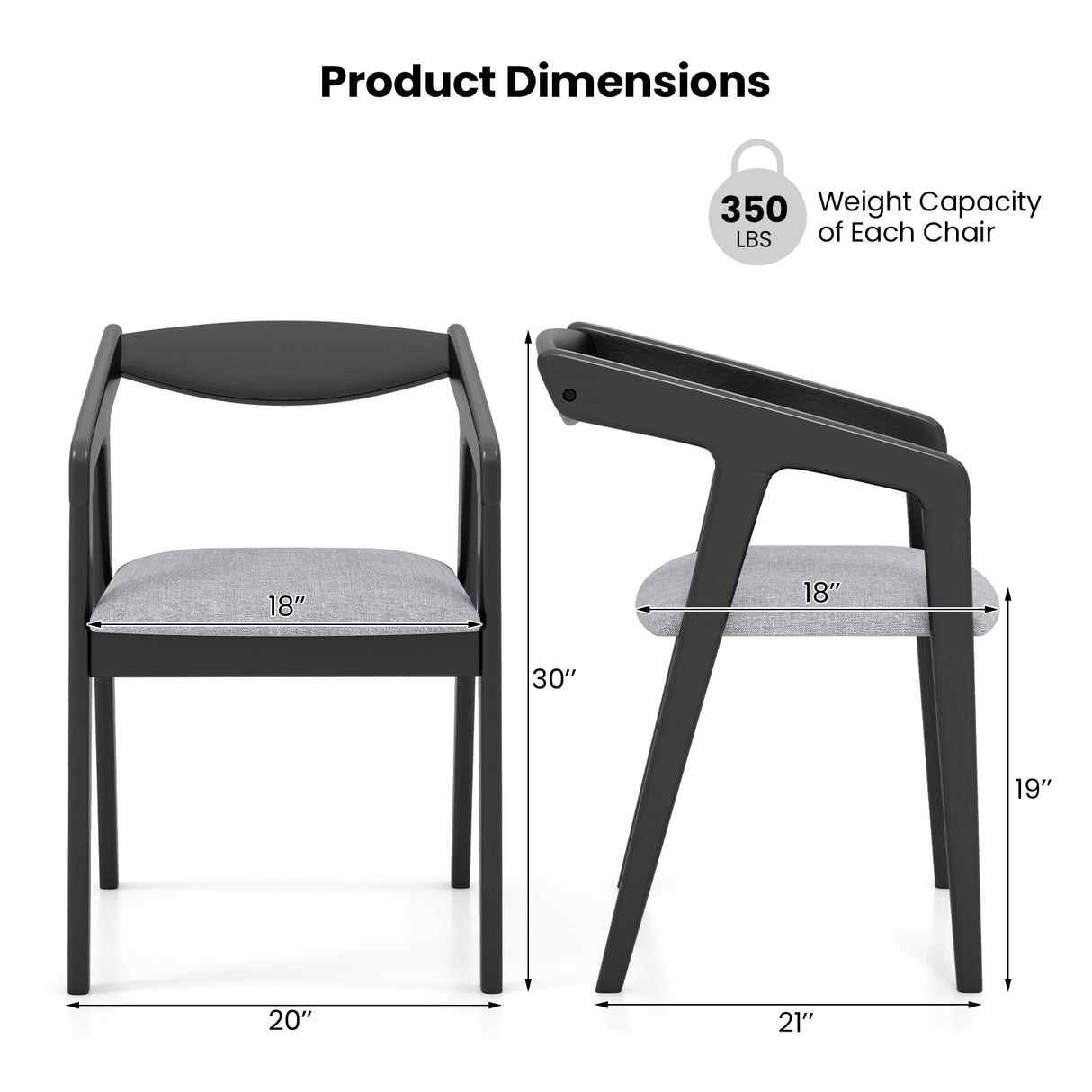 Wooden Dining Chair Set of 2 with Rubber Wood Frame Armrests and Padded Cushion-black