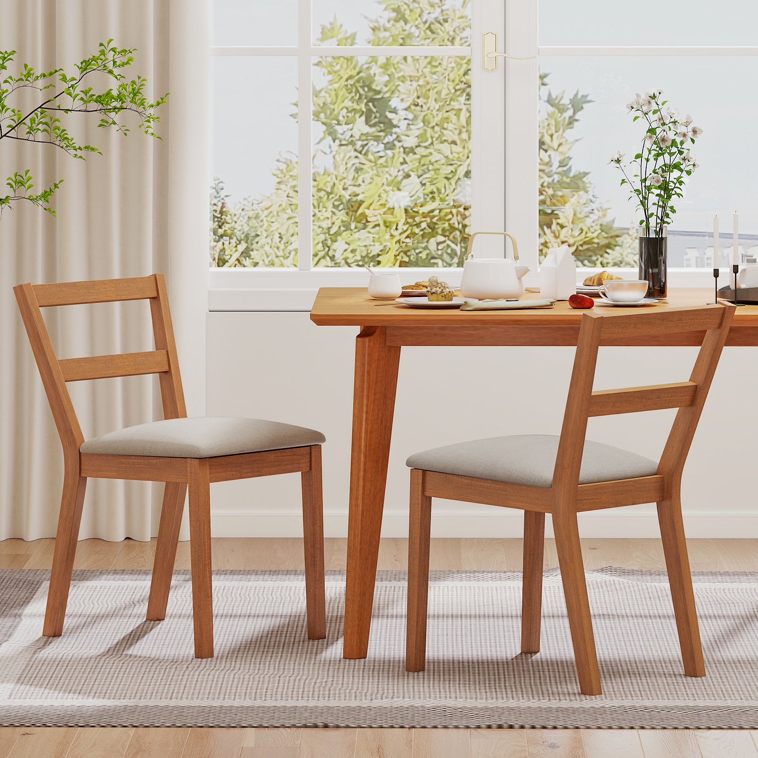 Wooden Dining Chair Set of 2 Farmhouse Kitchen Chair with Upholstered Seat-Brown