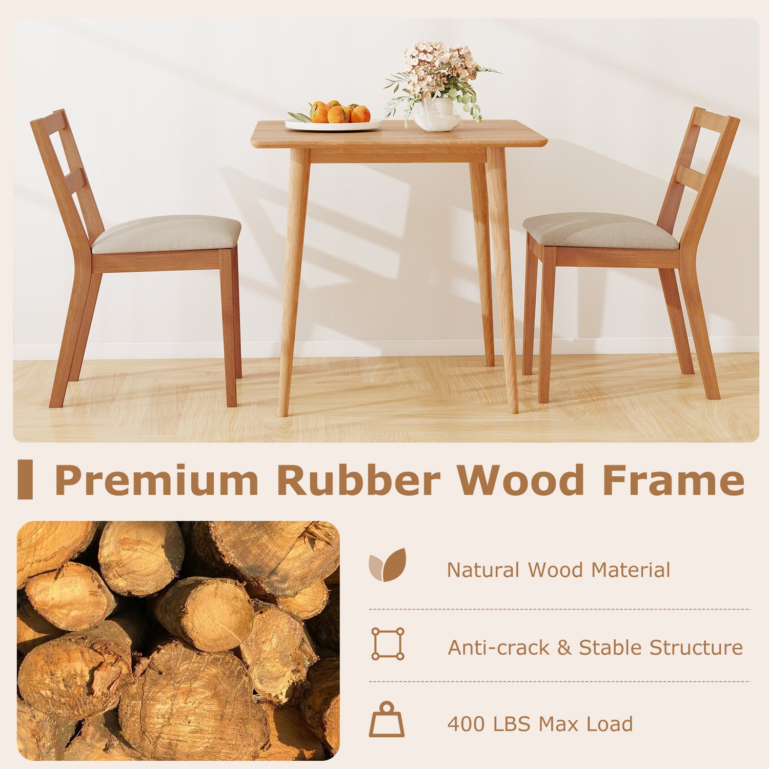 Wooden Dining Chair Set of 2 Farmhouse Kitchen Chair with Upholstered Seat-Brown
