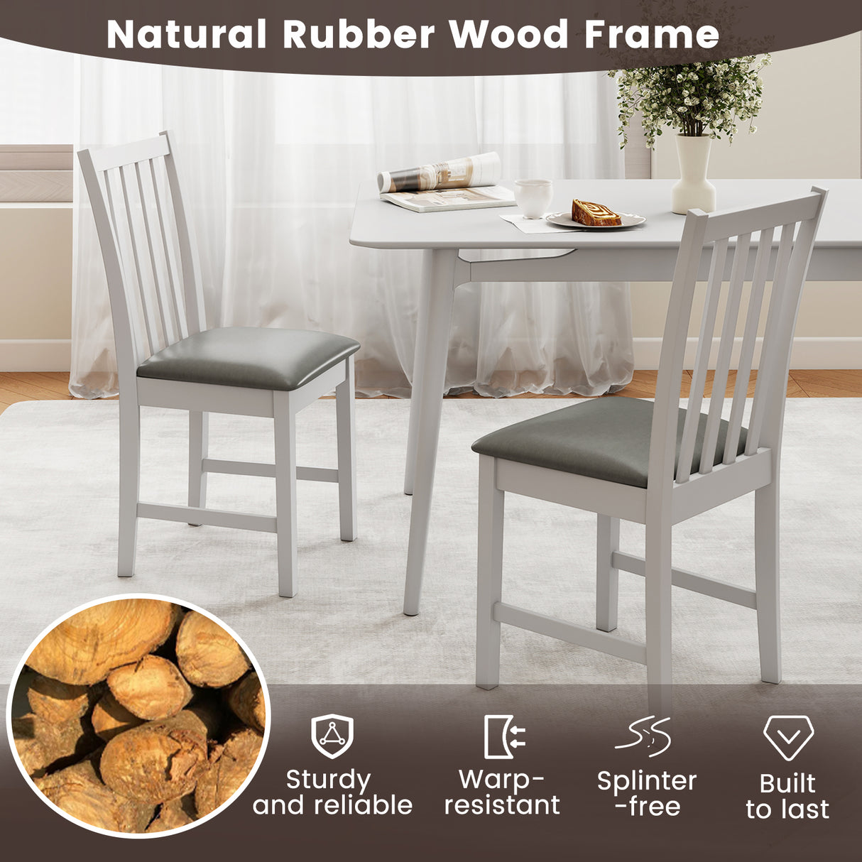 Wooden Dining Chair Set of 2 with Rubber Wood Frame and Padded Seat