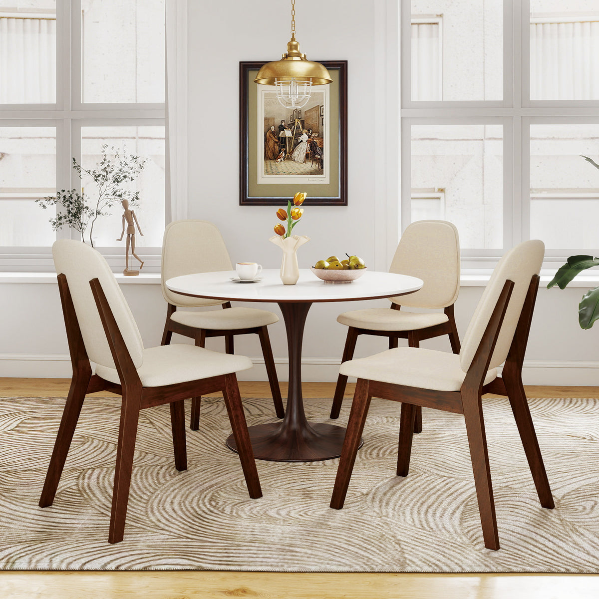 Wooden Dining Chair Set of 4 Mid-Century Modern Upholstered Side Armless Chair-Brown