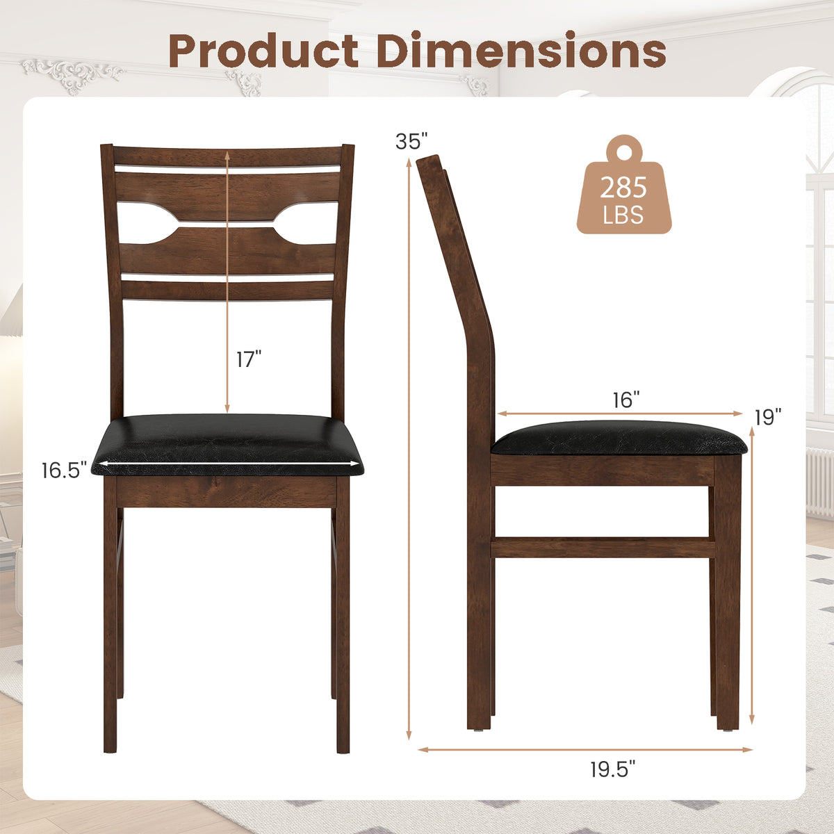 Wooden Dining Chair Set of 2 with PU Leather Padded Seat and Rubber Wood Frame-Walnut