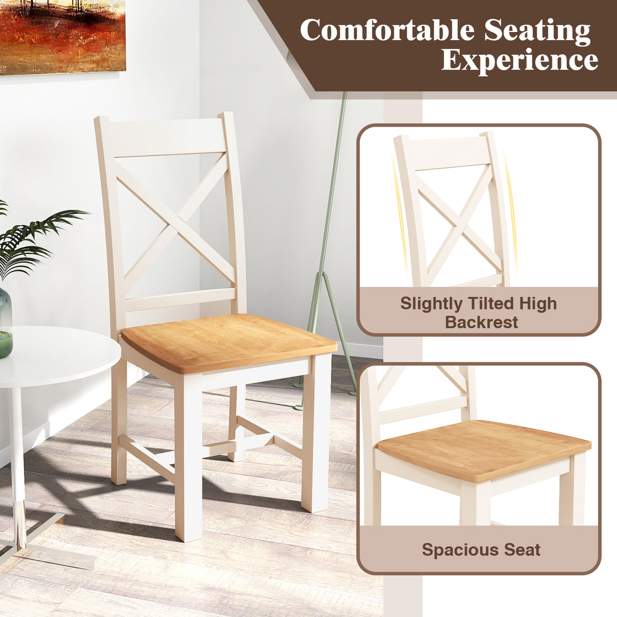 Wooden Dining Chairs Set of 2 with High Back and Rubber Wood Frame-Natural