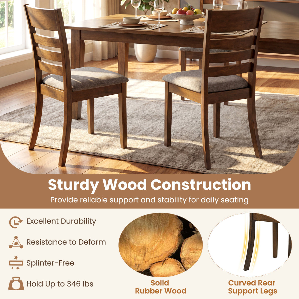 Wooden Dining Chairs Set of 2 Upholstered Kitchen Chairs with Rubber Wood Frame