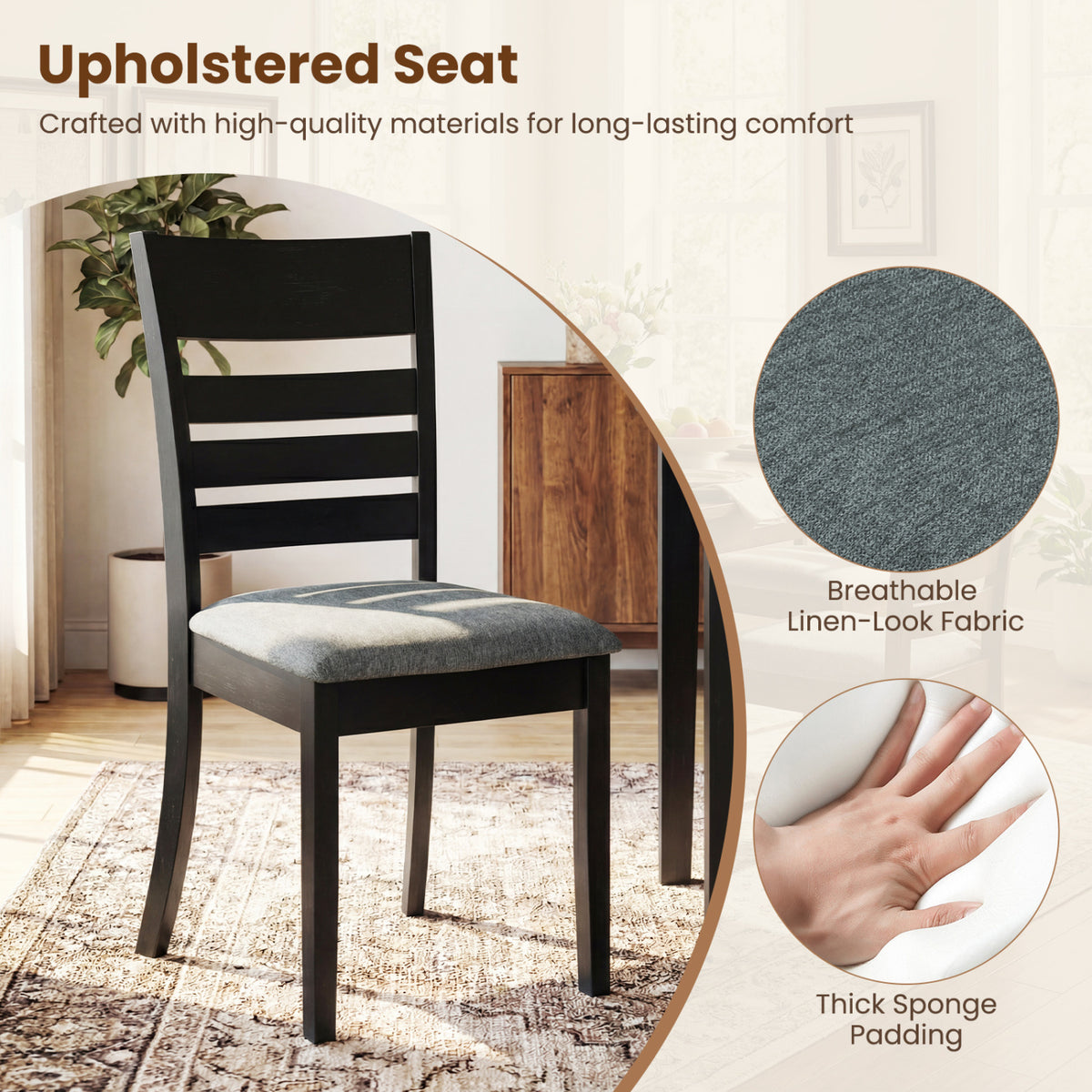 Wooden Dining Chairs Set of 2 Upholstered Kitchen Chairs with Rubber Wood Frame