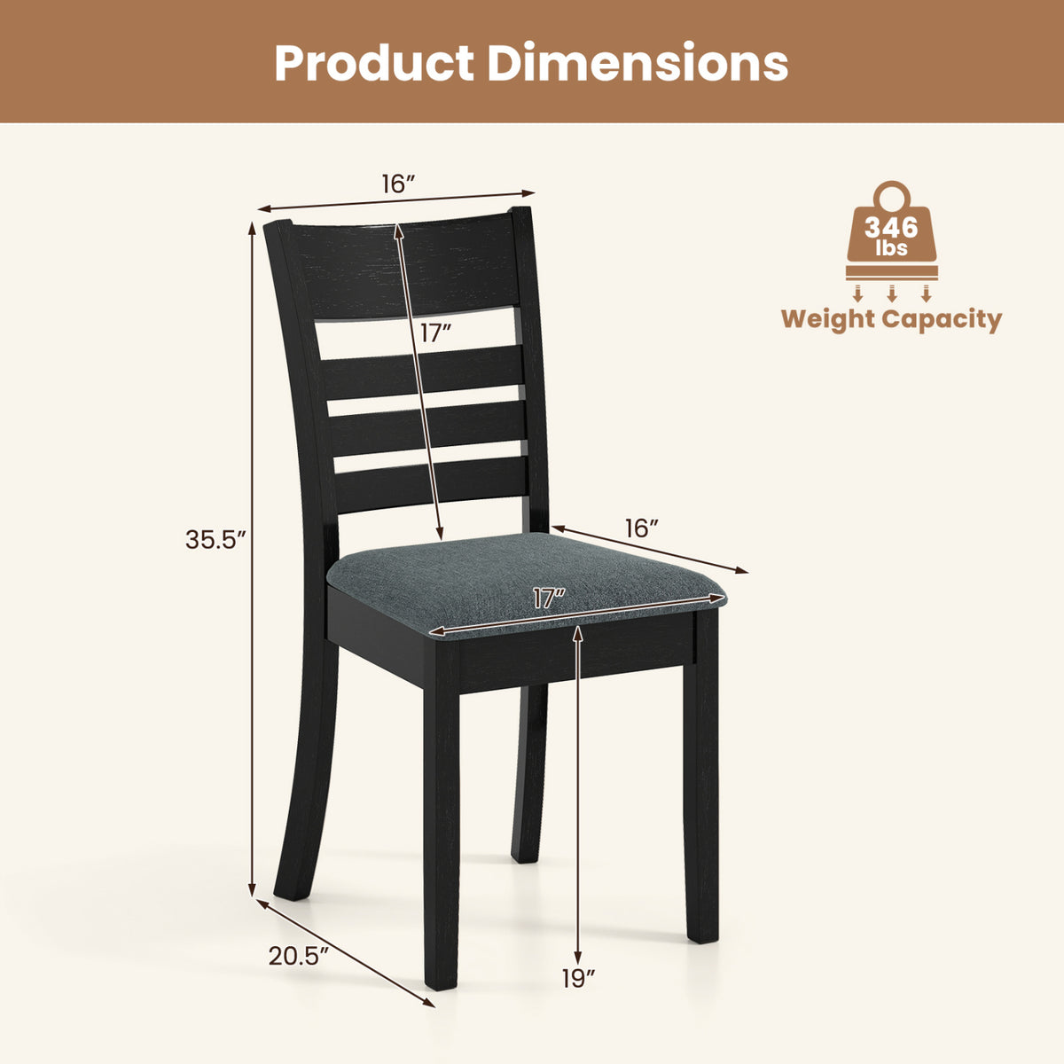 Wooden Dining Chairs Set of 2 Upholstered Kitchen Chairs with Rubber Wood Frame