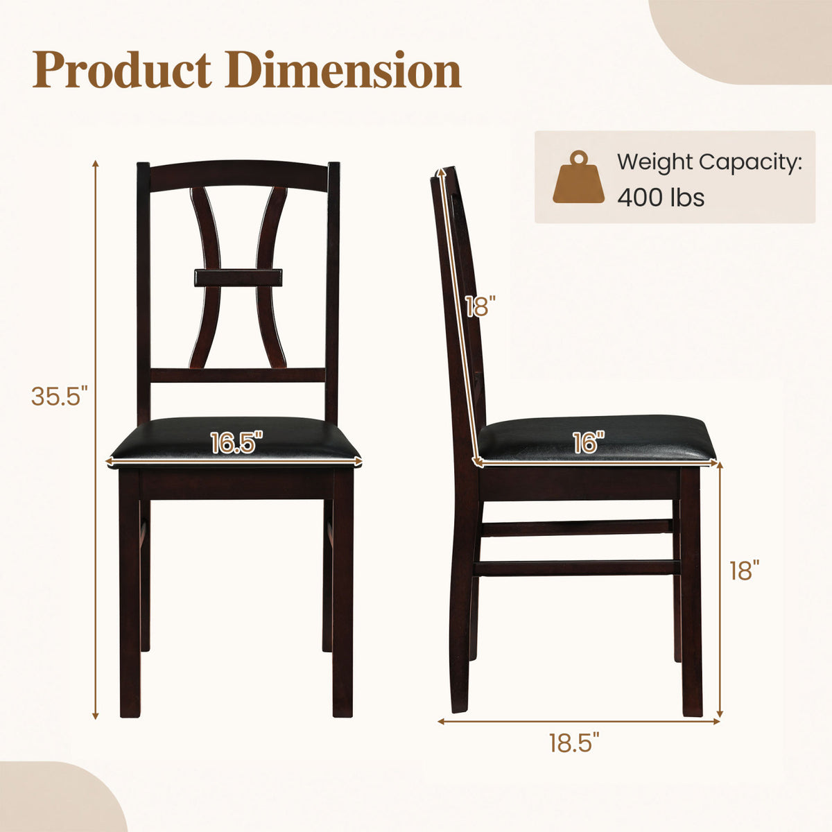 Wooden Dining Chairs Set of 2 with Faux Leather Padded Seat for Kitchen