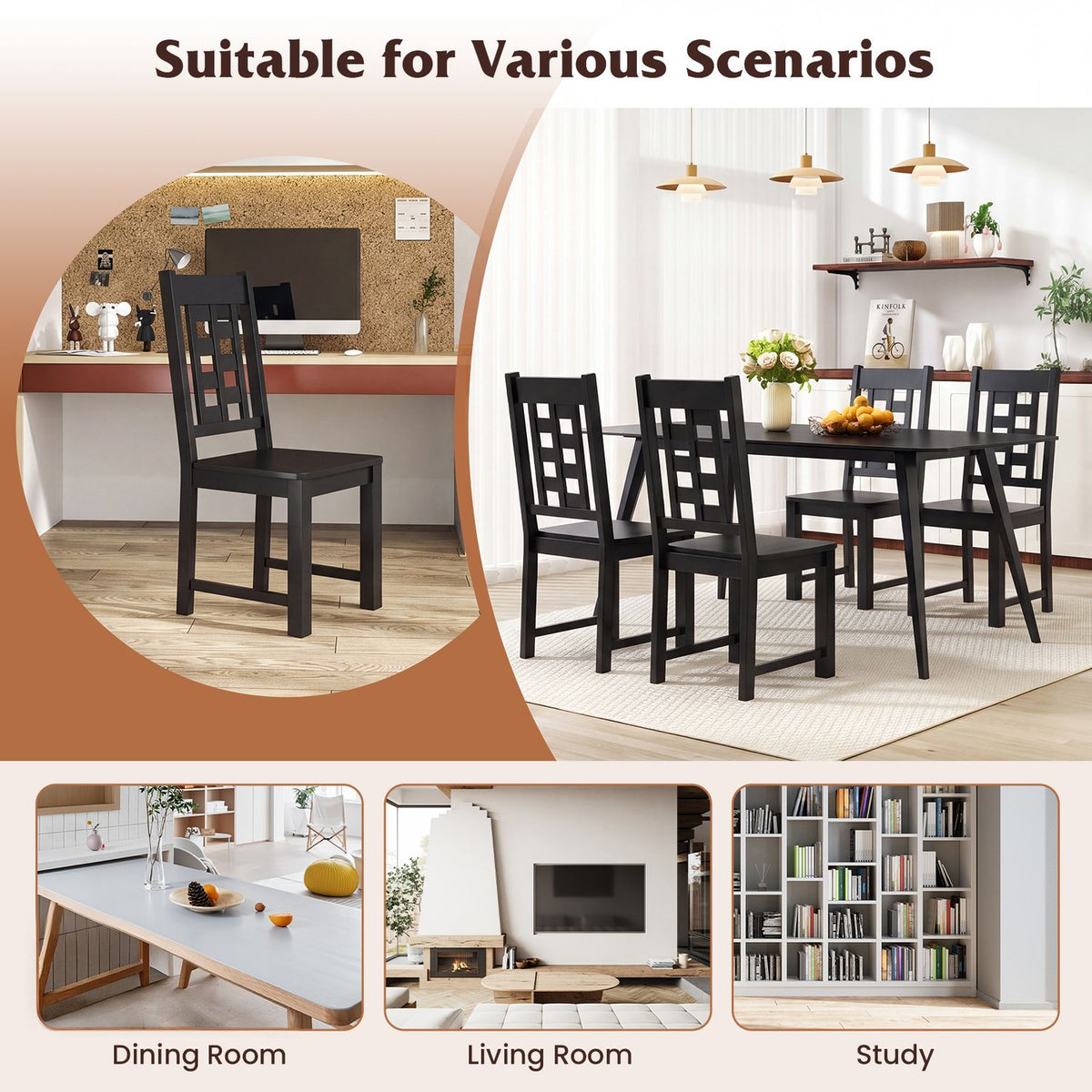 Wooden Dining Chairs Set of 4 Kitchen Chair with Solid Rubber Wood Frame