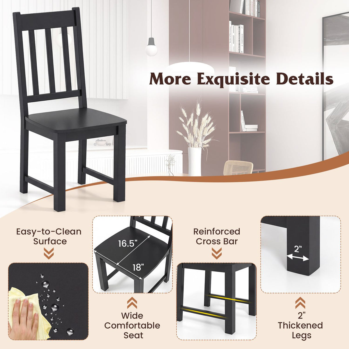 Wooden Dining Chairs Set of 4 Kitchen Chair with Solid Rubber Wood Frame