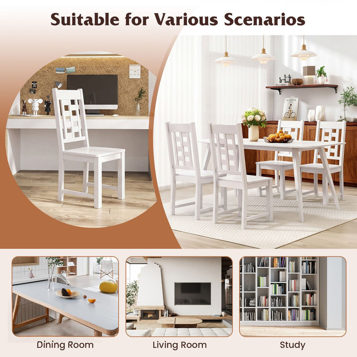 Wooden Dining Chairs Set of 4 Kitchen Chair with Solid Rubber Wood Frame
