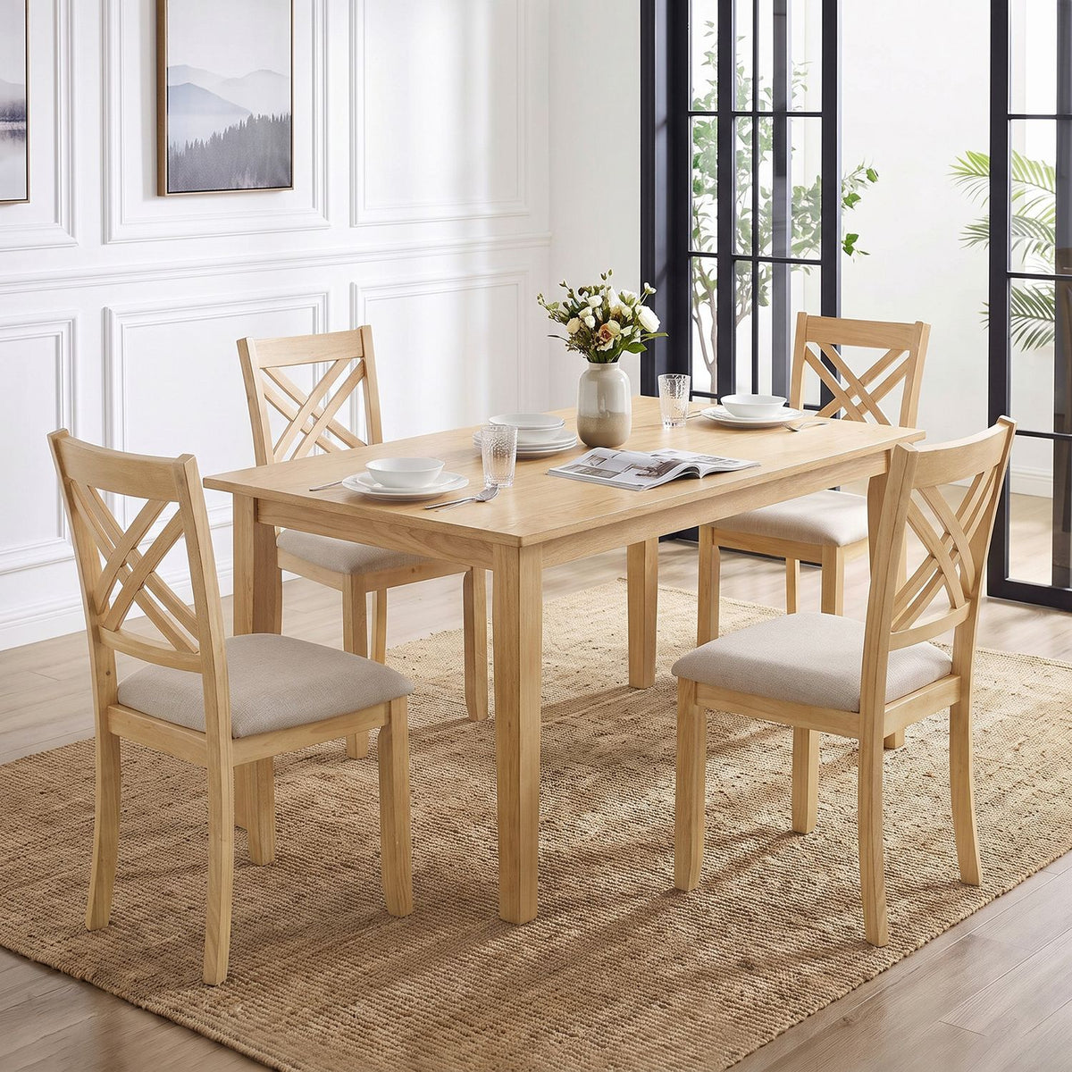 Wooden Dining Chairs Set of 4 with Fabric Padded Seat and Solid Rubber Wood for Kitchen