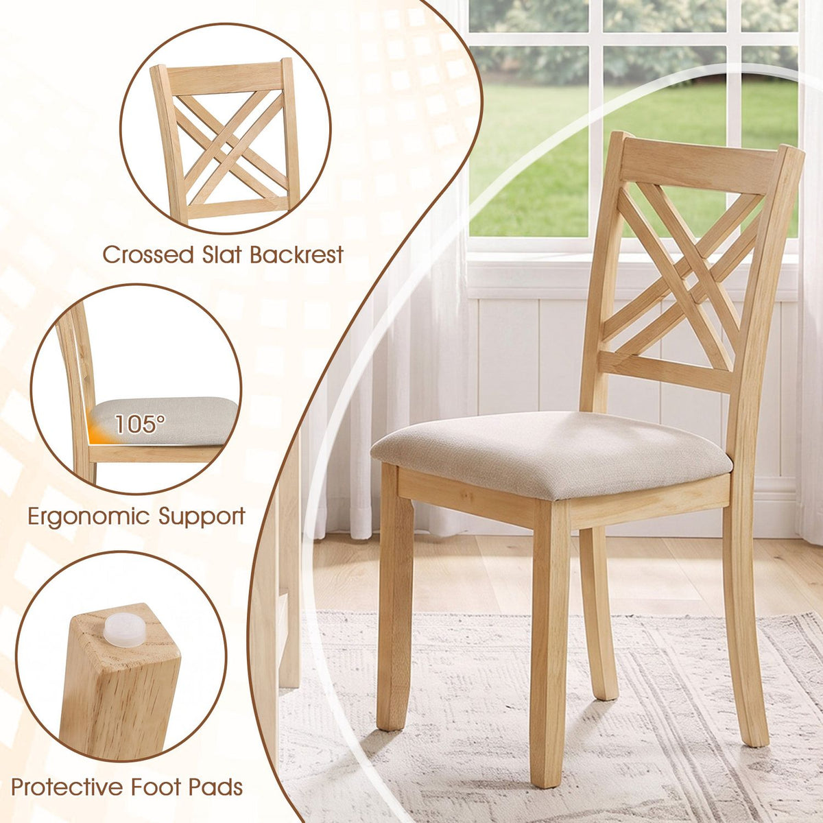 Wooden Dining Chairs Set of 4 with Fabric Padded Seat and Solid Rubber Wood for Kitchen