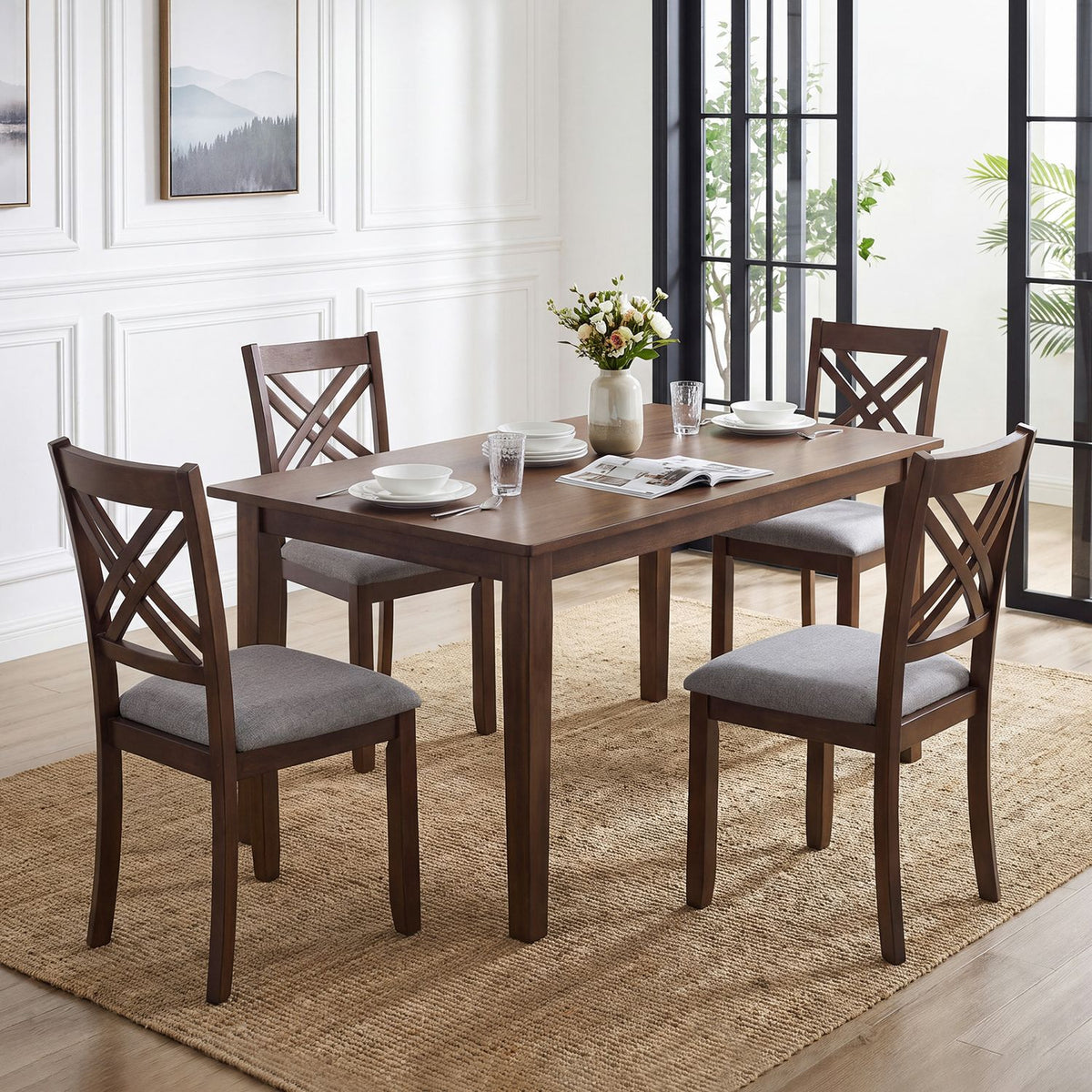 Wooden Dining Chairs Set of 4 with Fabric Padded Seat and Solid Rubber Wood for Kitchen