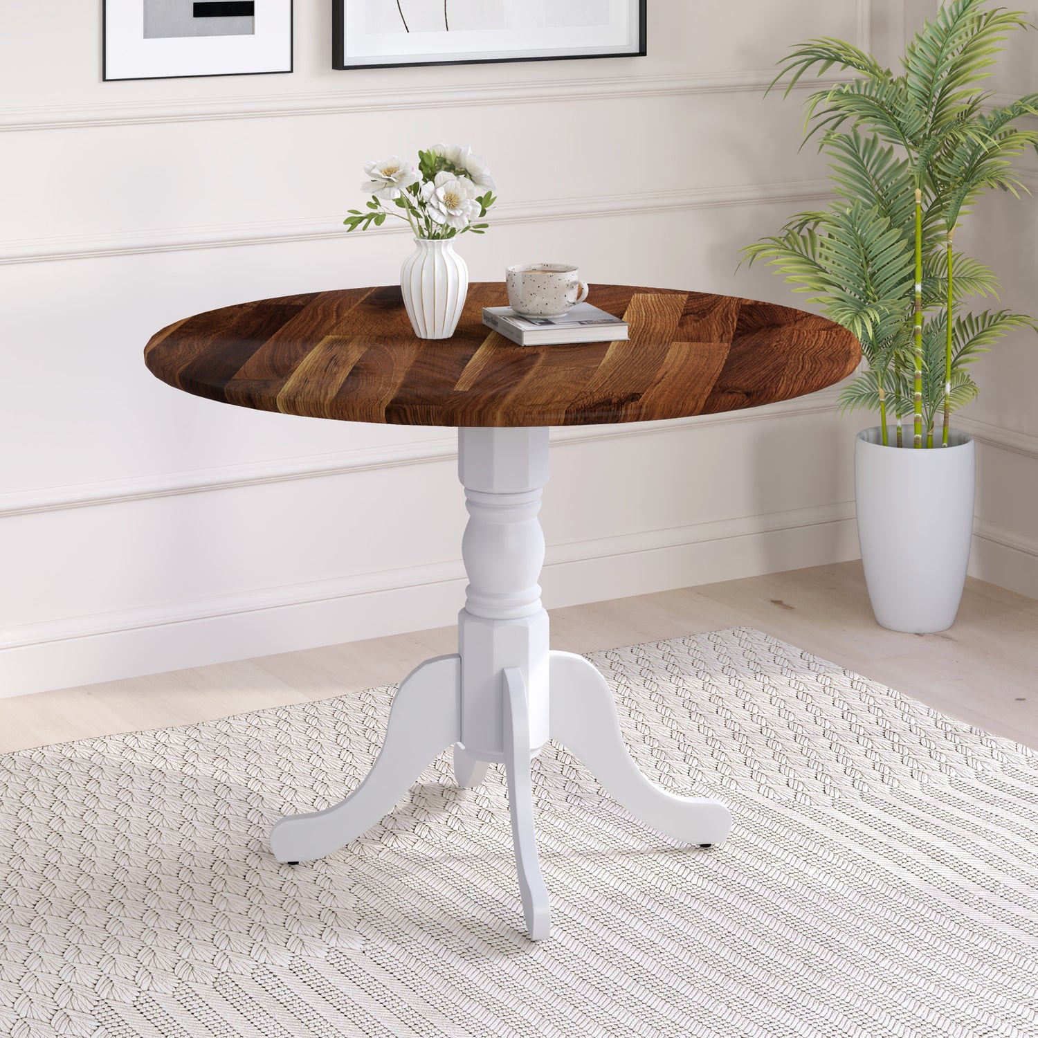 Wooden Dining Table with Round Tabletop and Curved Trestle Legs