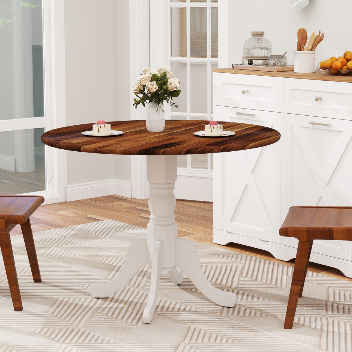 Wooden Dining Table with Round Tabletop and Curved Trestle Legs