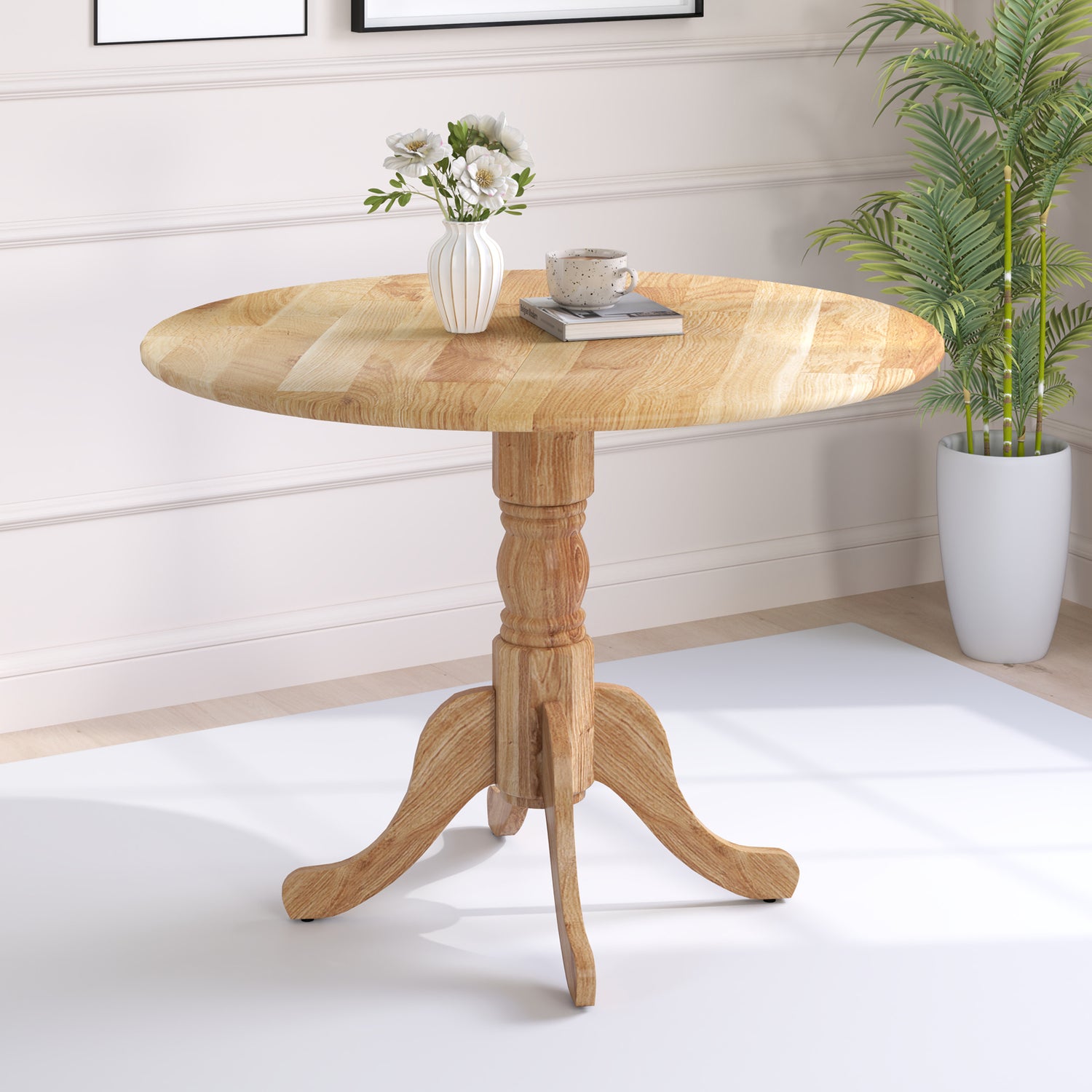 Wooden Dining Table with Round Tabletop and Curved Trestle Legs