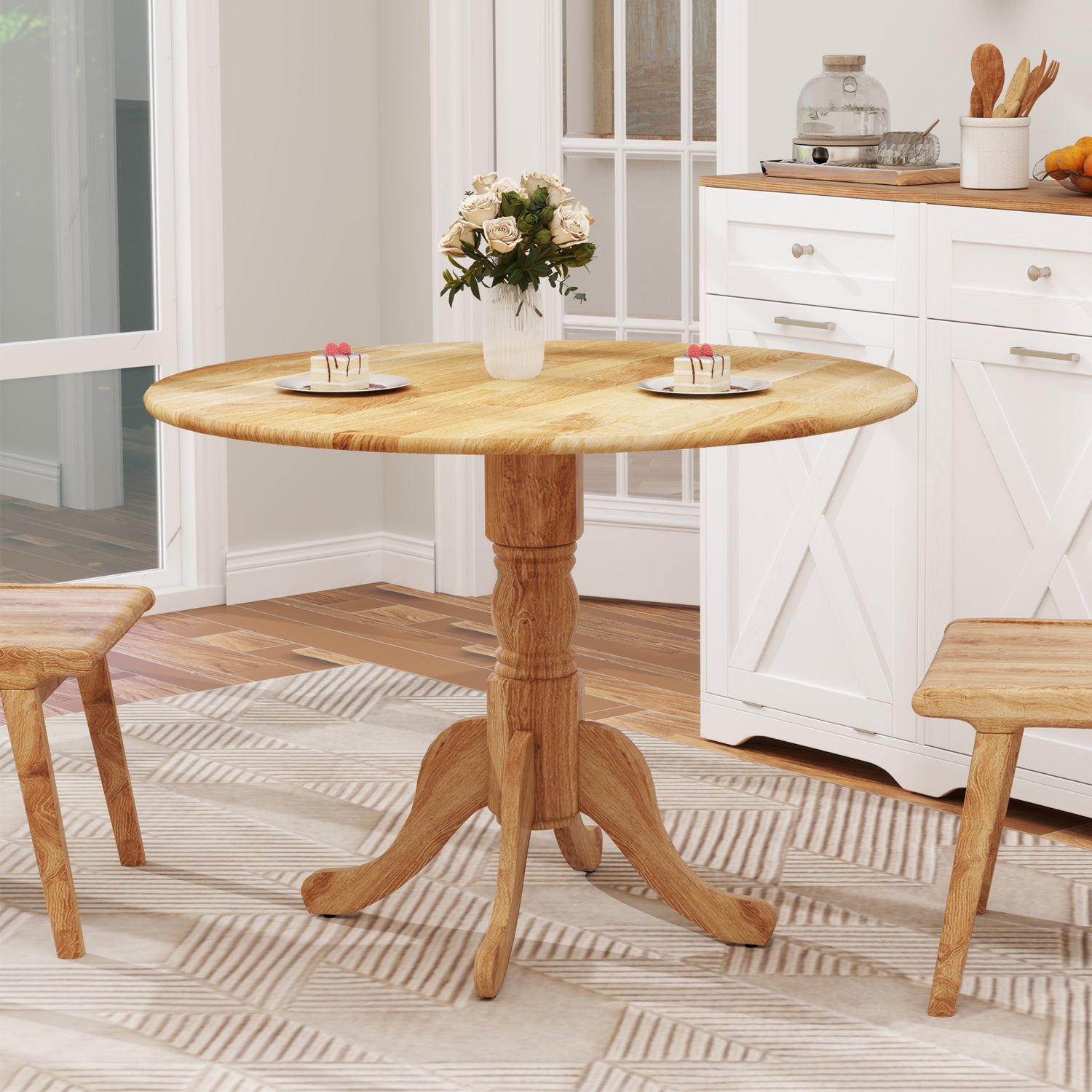 Wooden Dining Table with Round Tabletop and Curved Trestle Legs