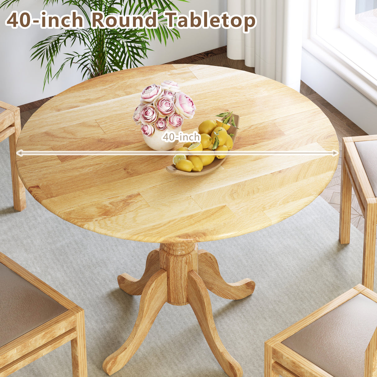 Wooden Dining Table with Round Tabletop and Curved Trestle Legs