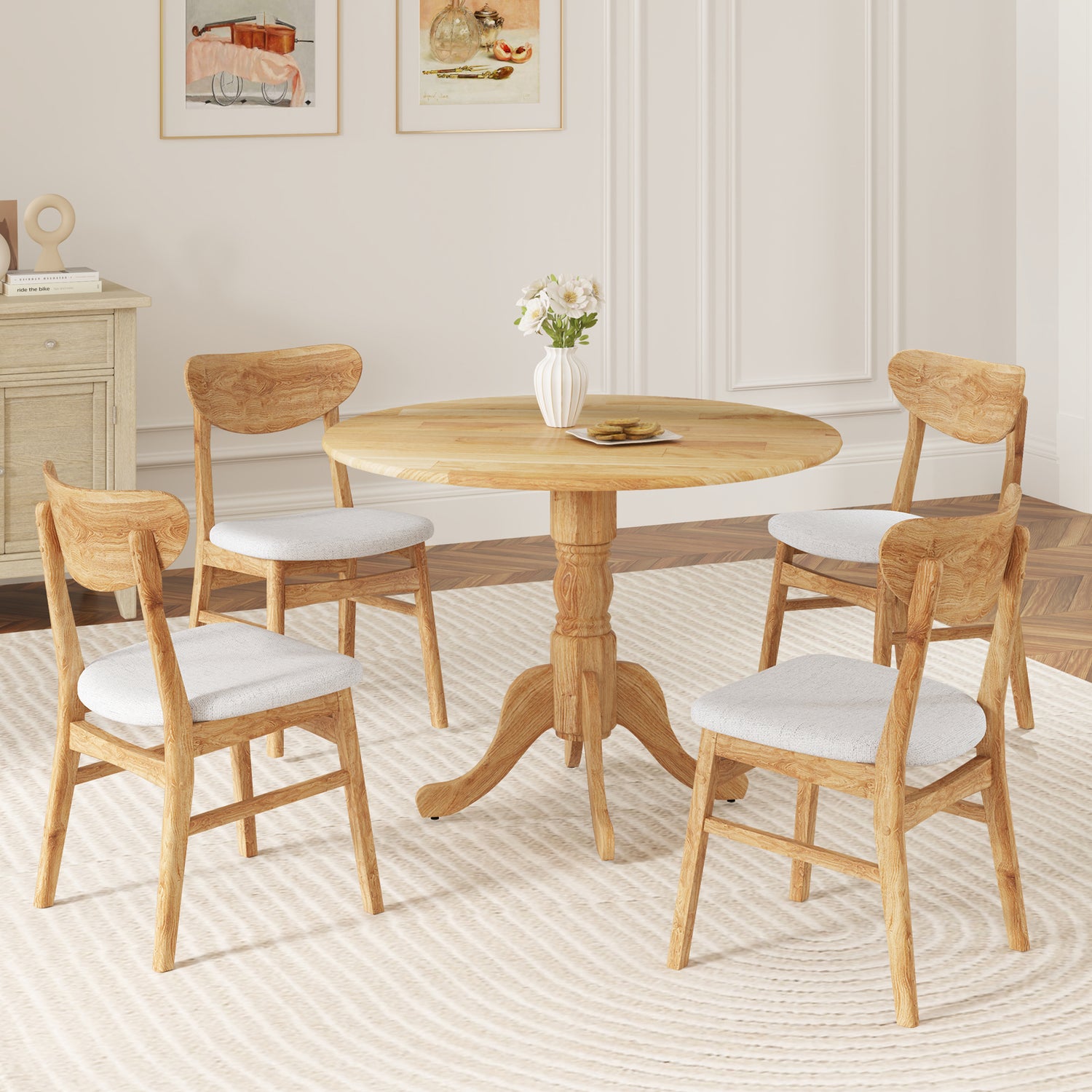 Wooden Dining Table with Round Tabletop and Curved Trestle Legs