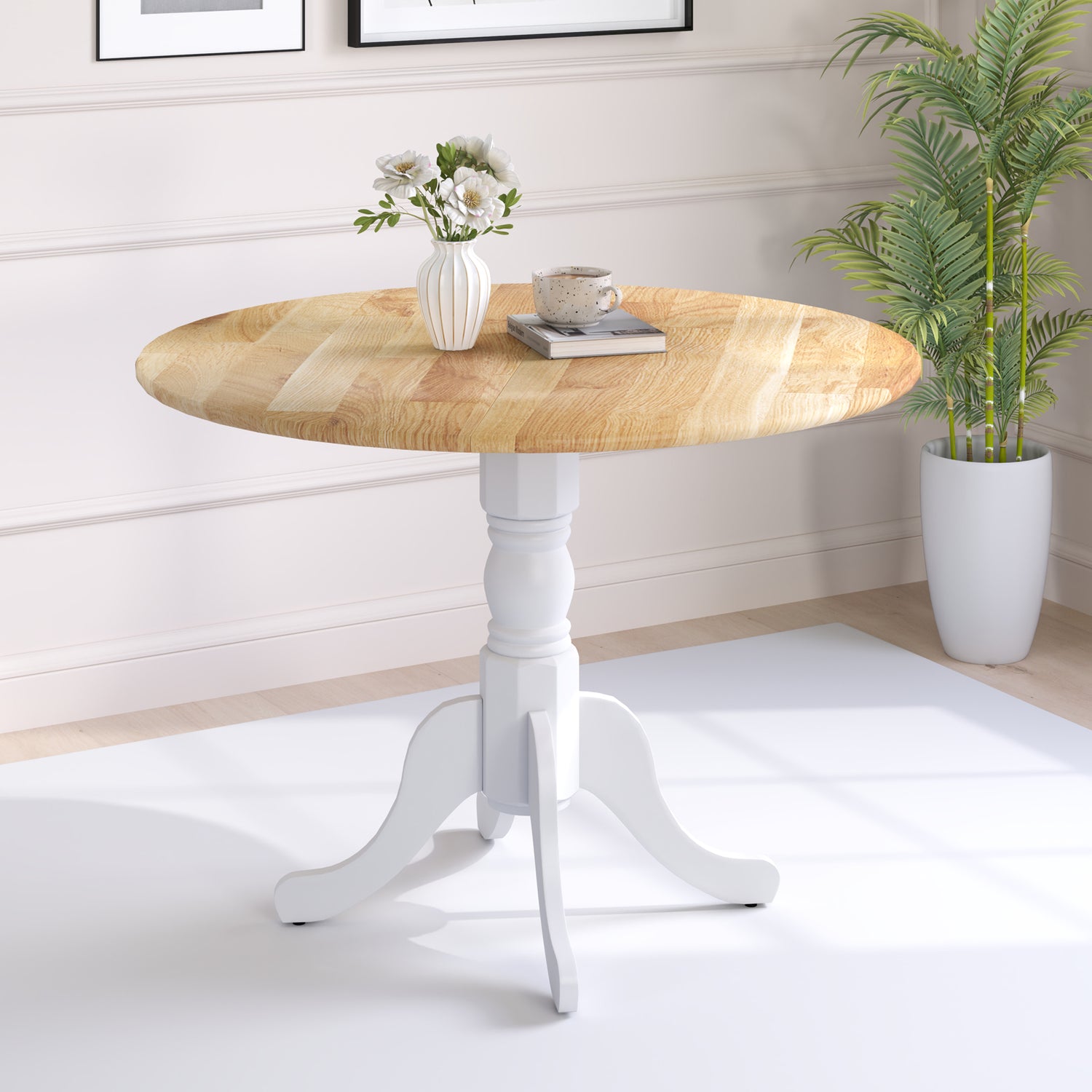 Wooden Dining Table with Round Tabletop and Curved Trestle Legs