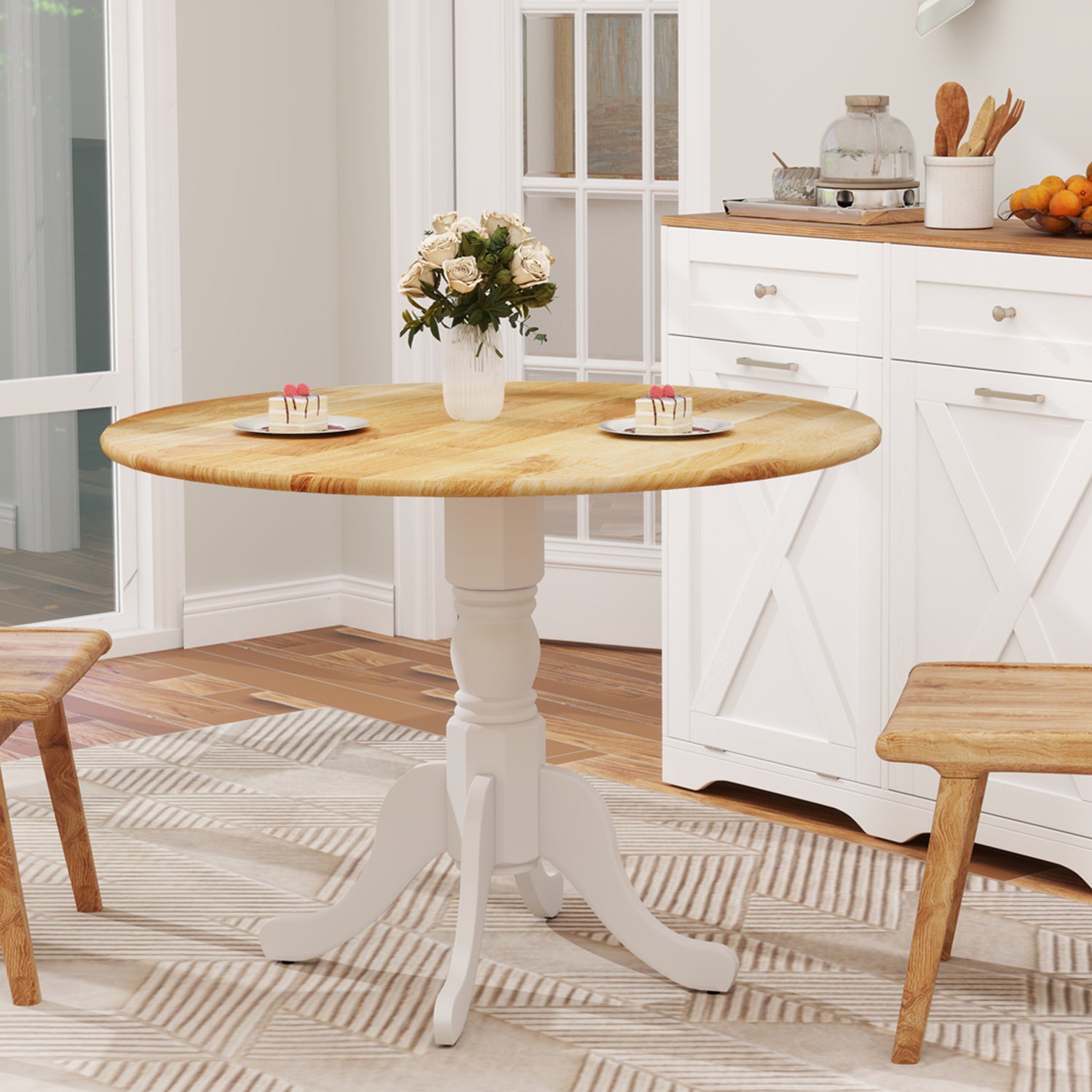 Wooden Dining Table with Round Tabletop and Curved Trestle Legs