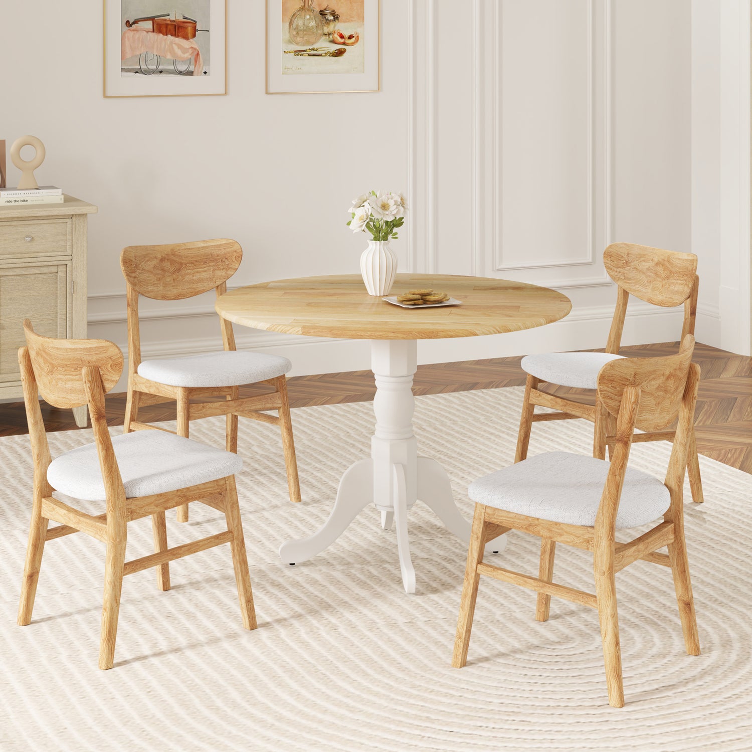 Wooden Dining Table with Round Tabletop and Curved Trestle Legs