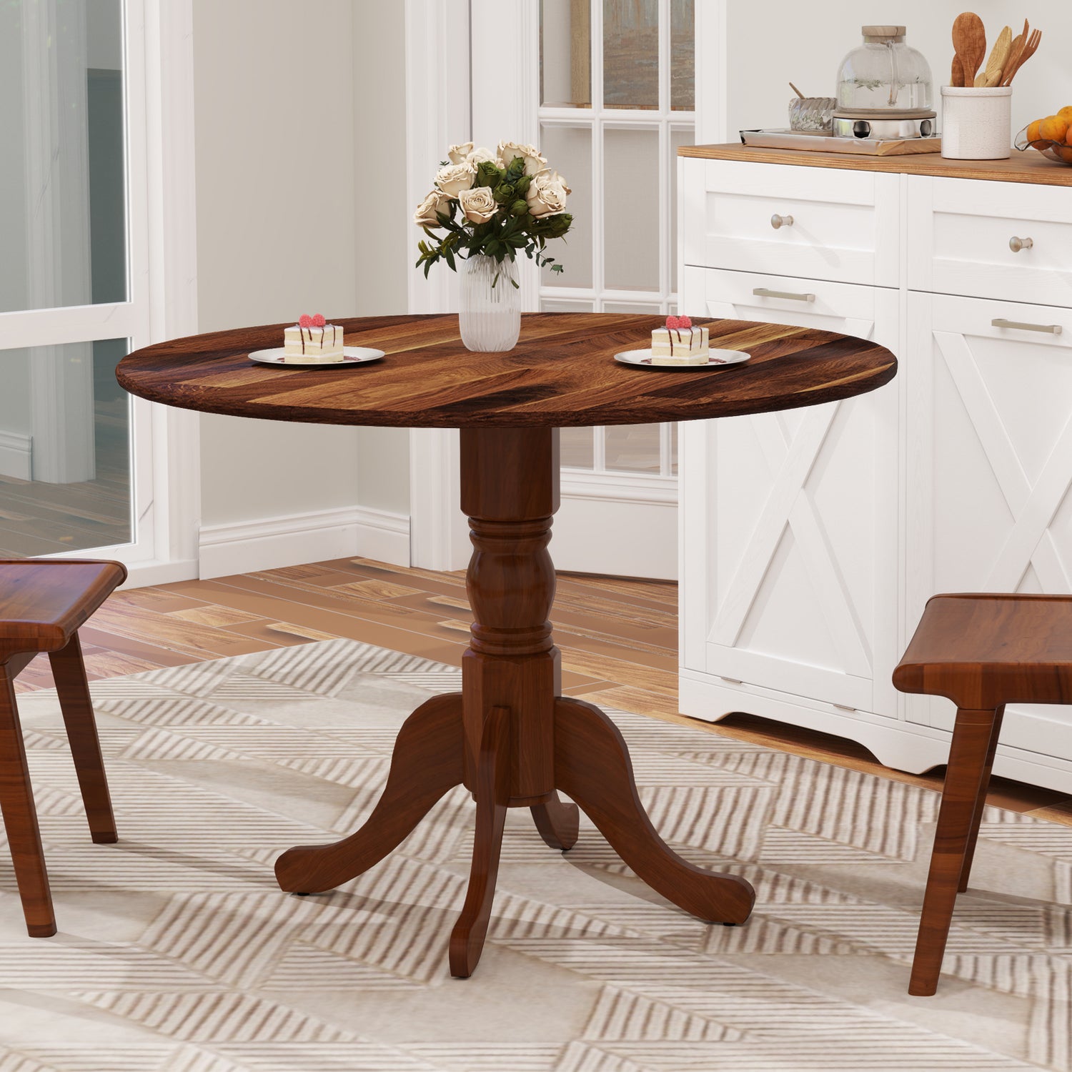 Wooden Dining Table with Round Tabletop and Curved Trestle Legs