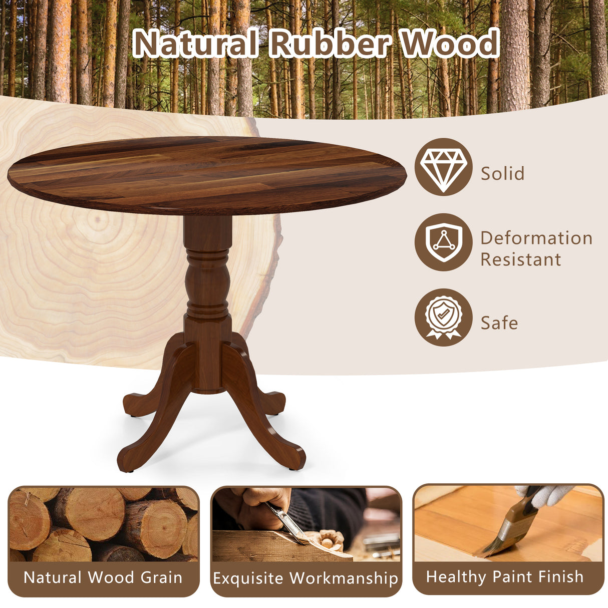 Wooden Dining Table with Round Tabletop and Curved Trestle Legs