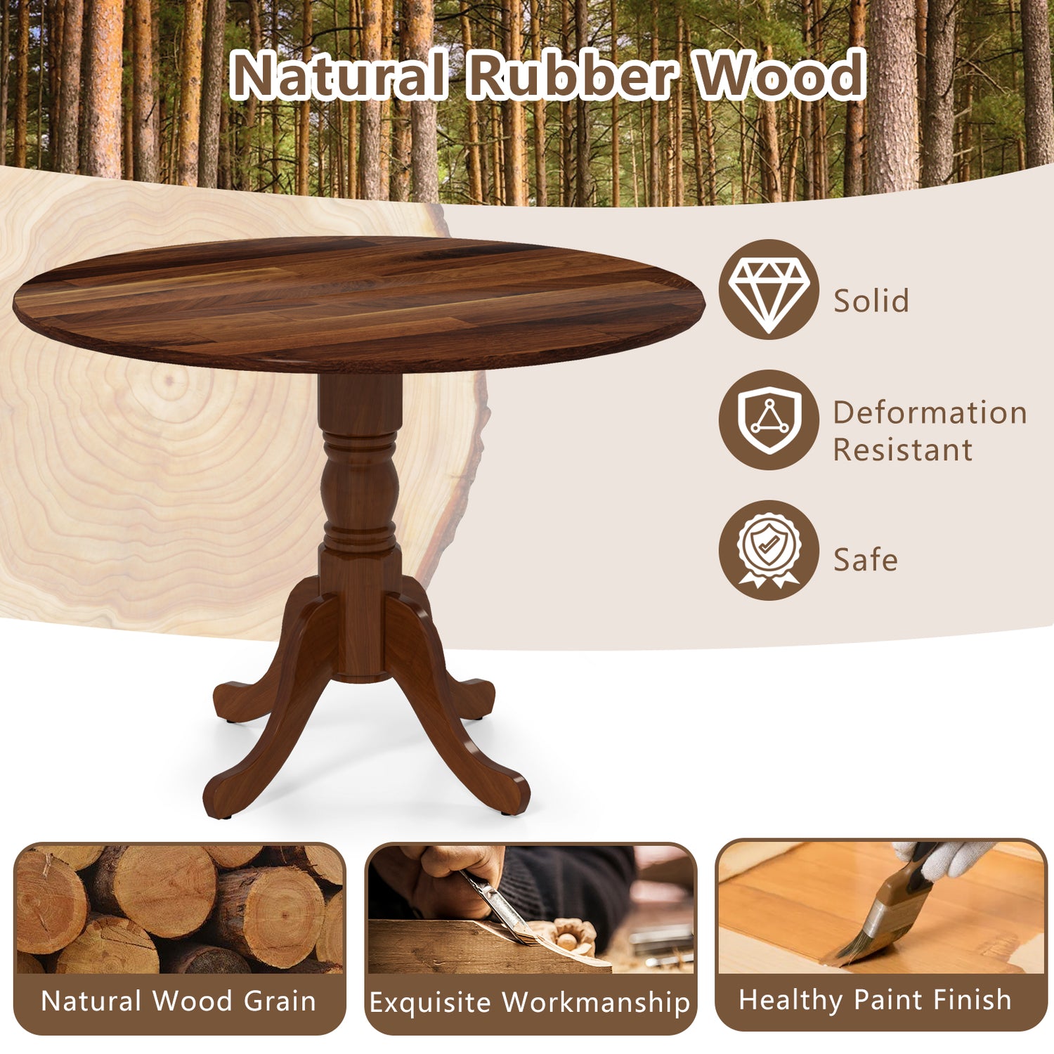 Wooden Dining Table with Round Tabletop and Curved Trestle Legs