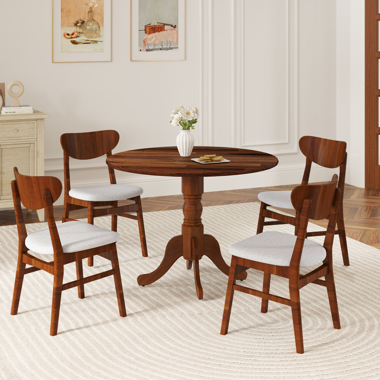 Wooden Dining Table with Round Tabletop and Curved Trestle Legs