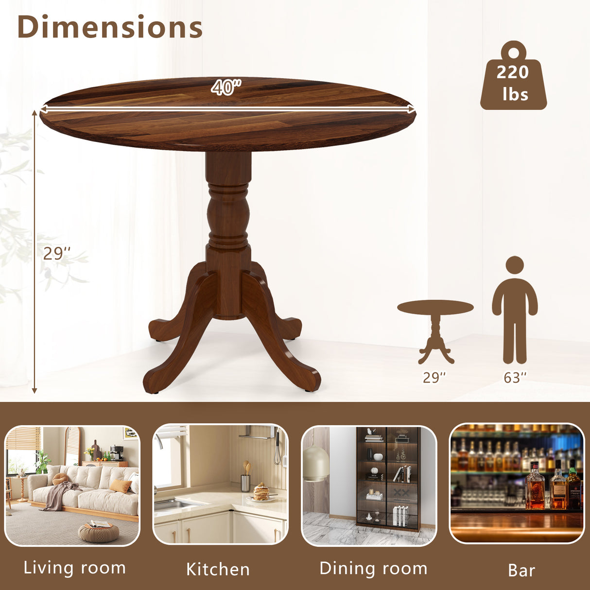 Wooden Dining Table with Round Tabletop and Curved Trestle Legs