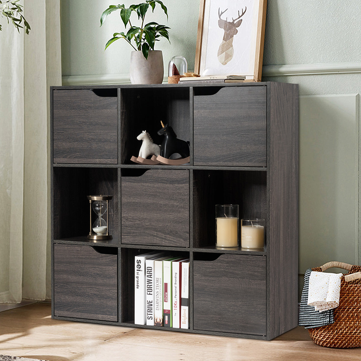 Free Standing 9 Cube Storage Wood Divider Bookcase for Home and Office