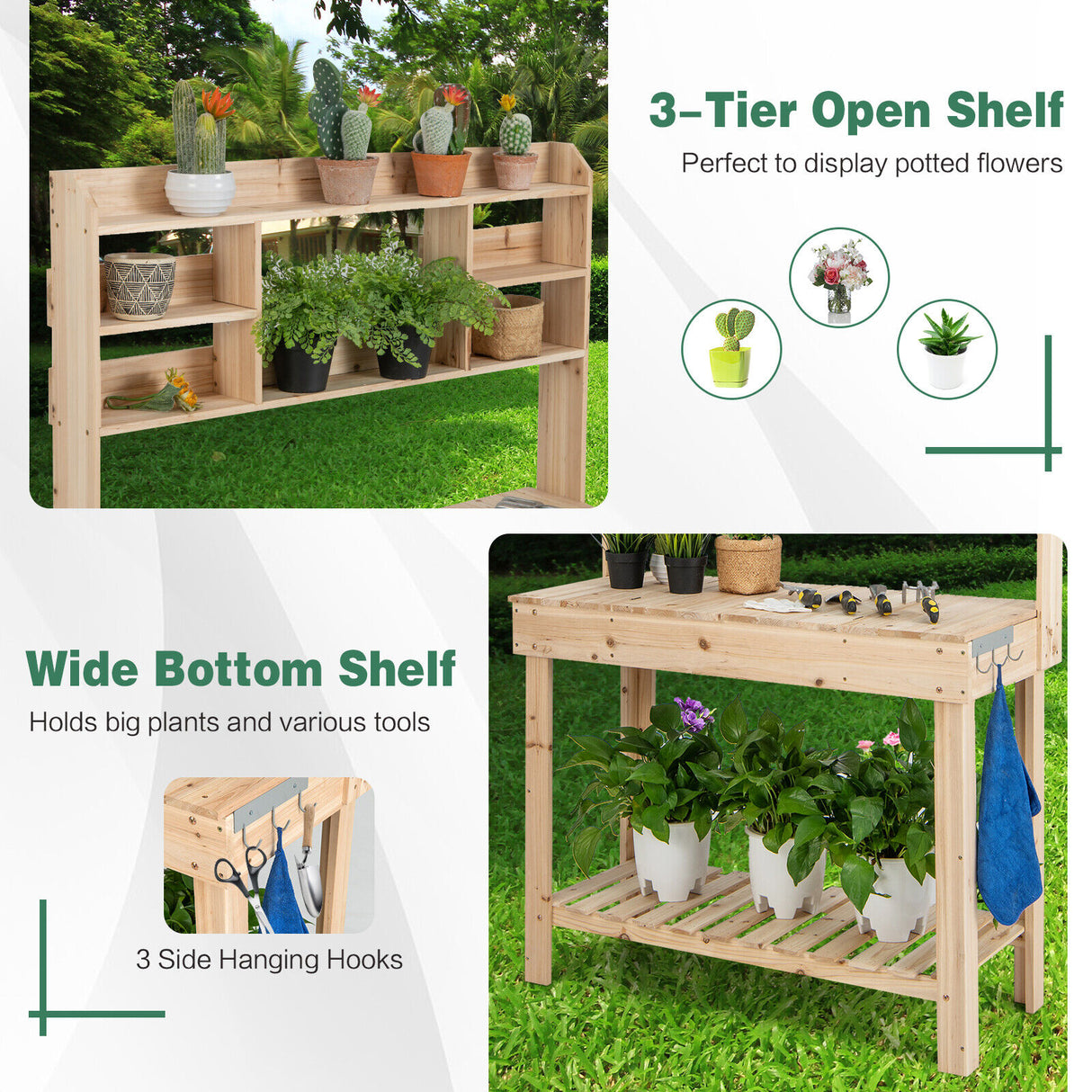 Large Garden Potting Bench Table with Display Rack and Hidden Sink-Natural
