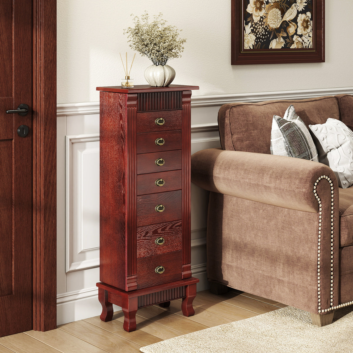 Wooden Jewelry Armoire Cabinet Storage Chest with Drawers and Swing Doors
