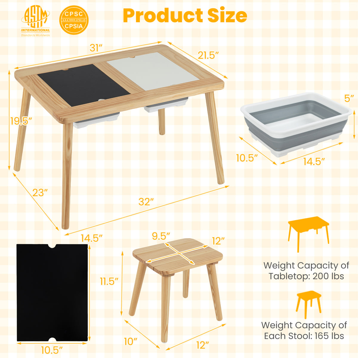 Wooden Kids Activity Table Set with 2 Foldable Storage Bins-Natural