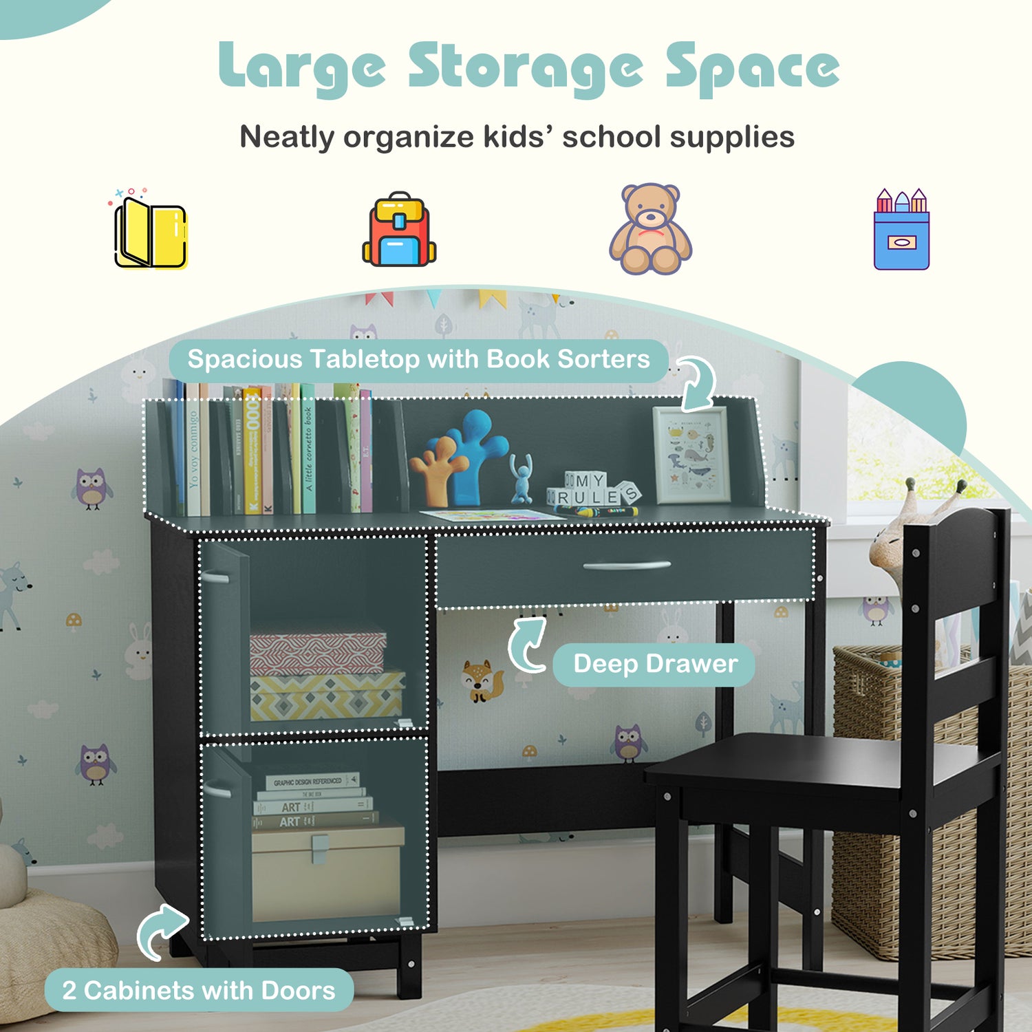 Wooden Kids Study Desk and Chair Set Student Workstation