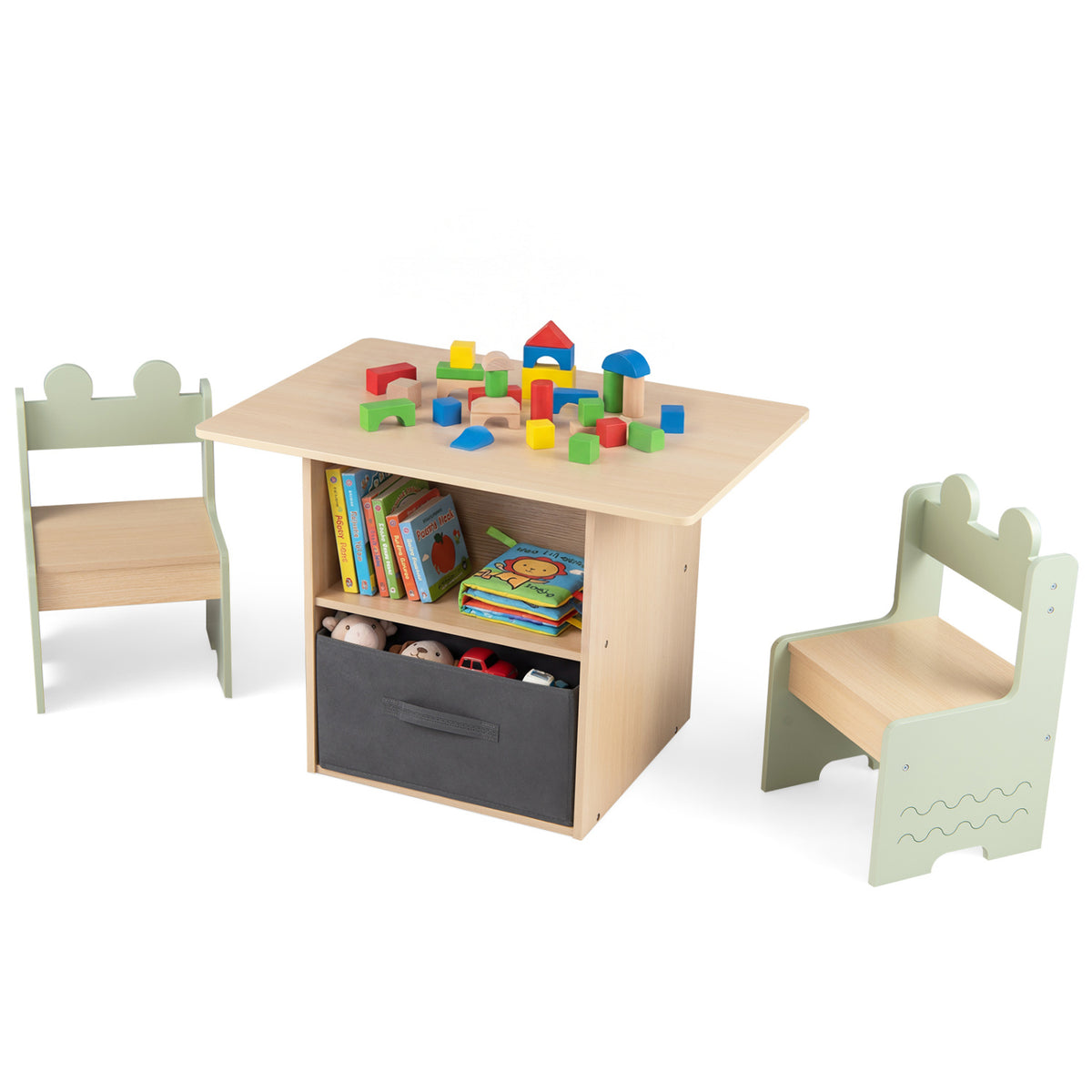Wooden Kids Table and Chairs Set with 2 Open Compartments-Green