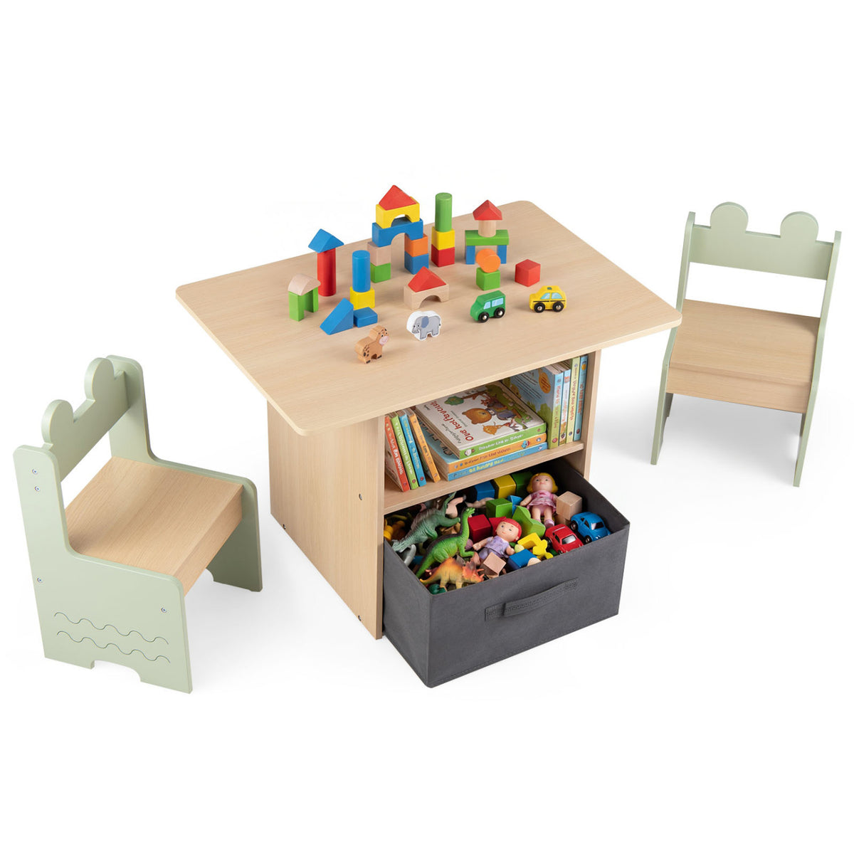 Wooden Kids Table and Chairs Set with 2 Open Compartments-Green