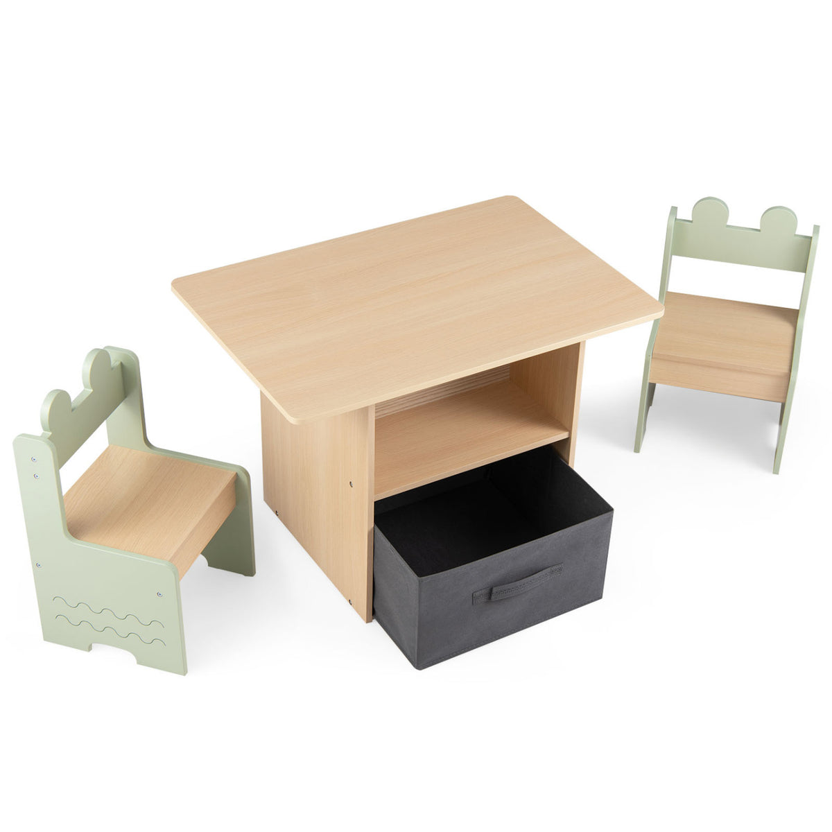 Wooden Kids Table and Chairs Set with 2 Open Compartments-Green