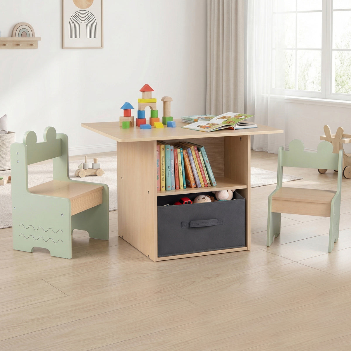 Wooden Kids Table and Chairs Set with 2 Open Compartments-Green