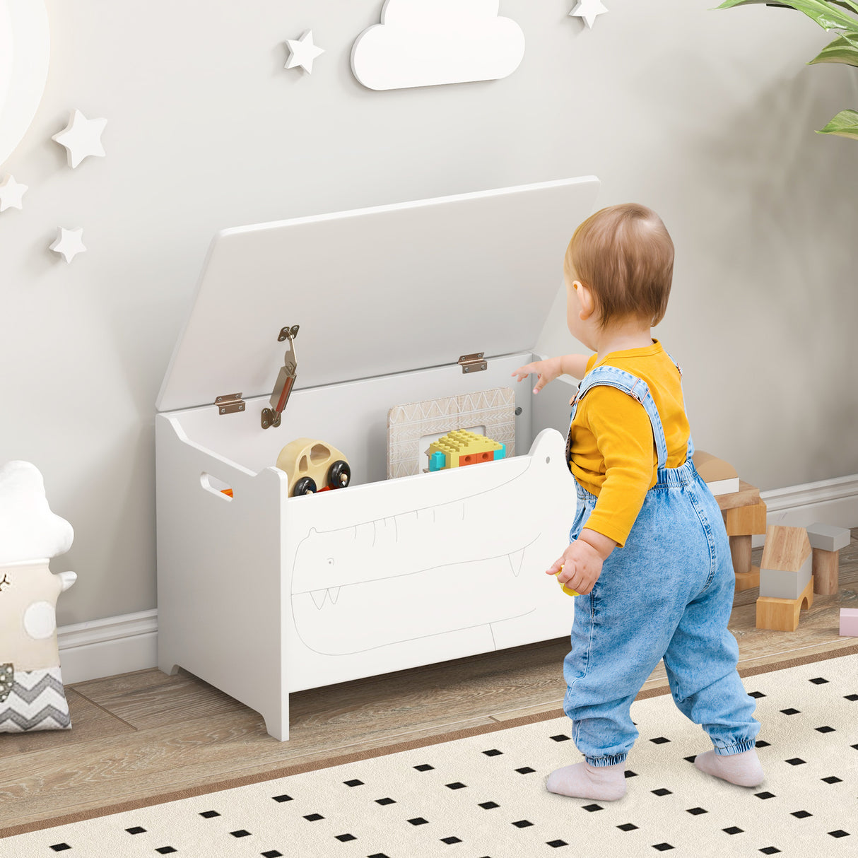 Wooden Kids Toy Box with Safety Hinge