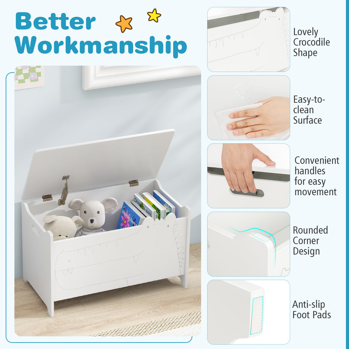 Wooden Kids Toy Box with Safety Hinge