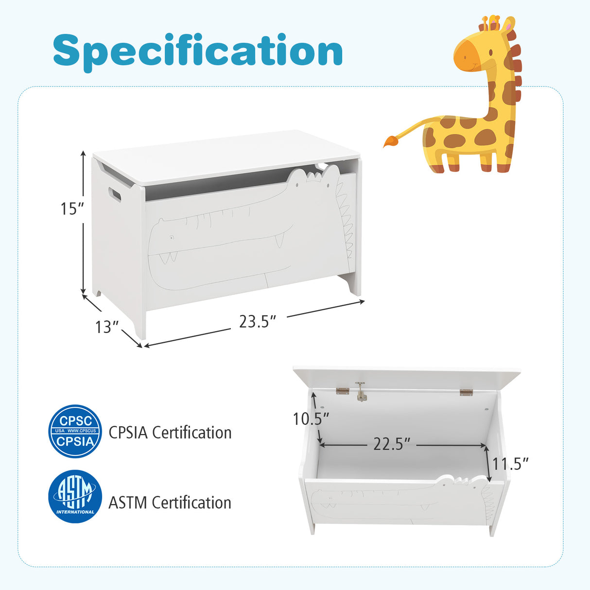 Wooden Kids Toy Box with Safety Hinge