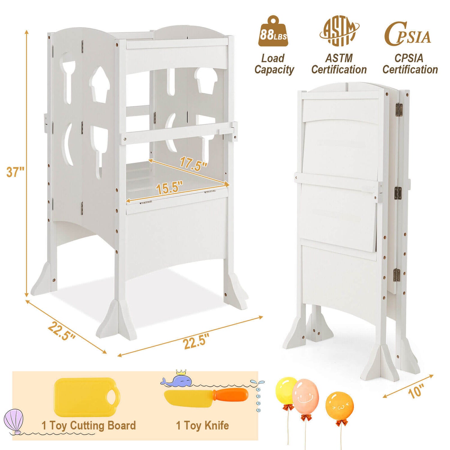 Folding Wooden Step Stool with Lockable Safety Rail for Toddler 3+