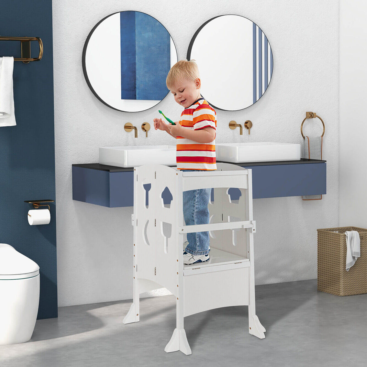 Folding Wooden Step Stool with Lockable Safety Rail for Toddler 3+
