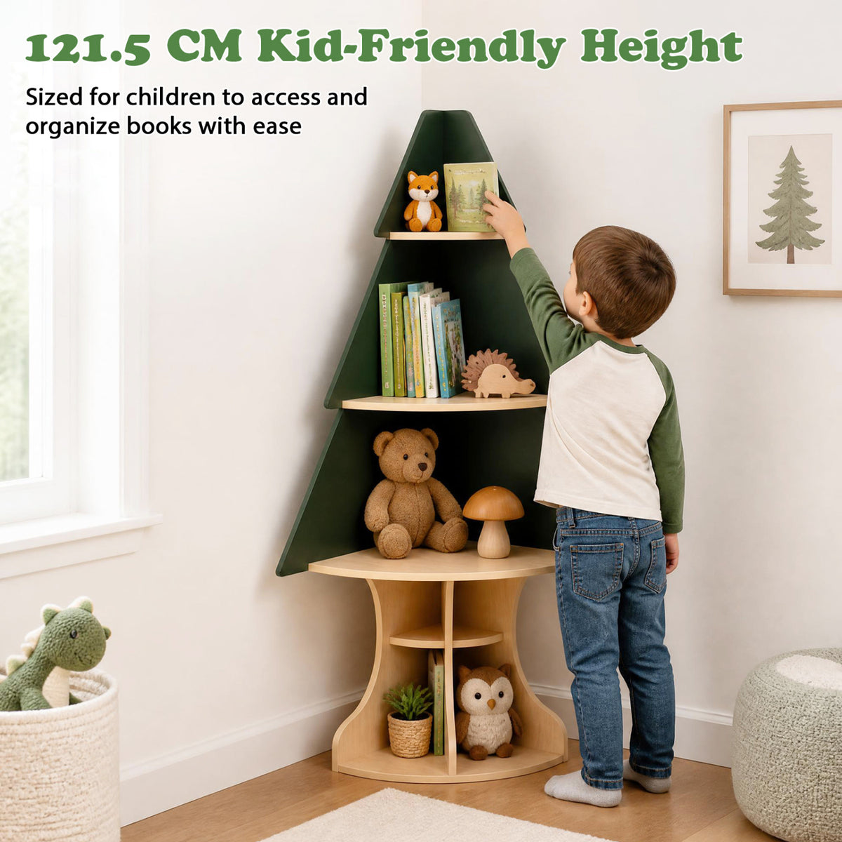 Wooden Montessori Corner Tree Bookshelf with Toy Storage-Green