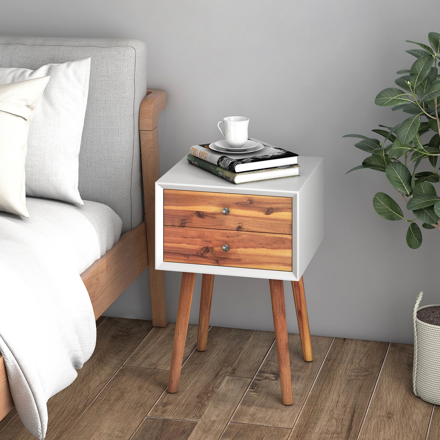 Mid-Century Wooden Multipurpose End Table with 2 Storage Drawers