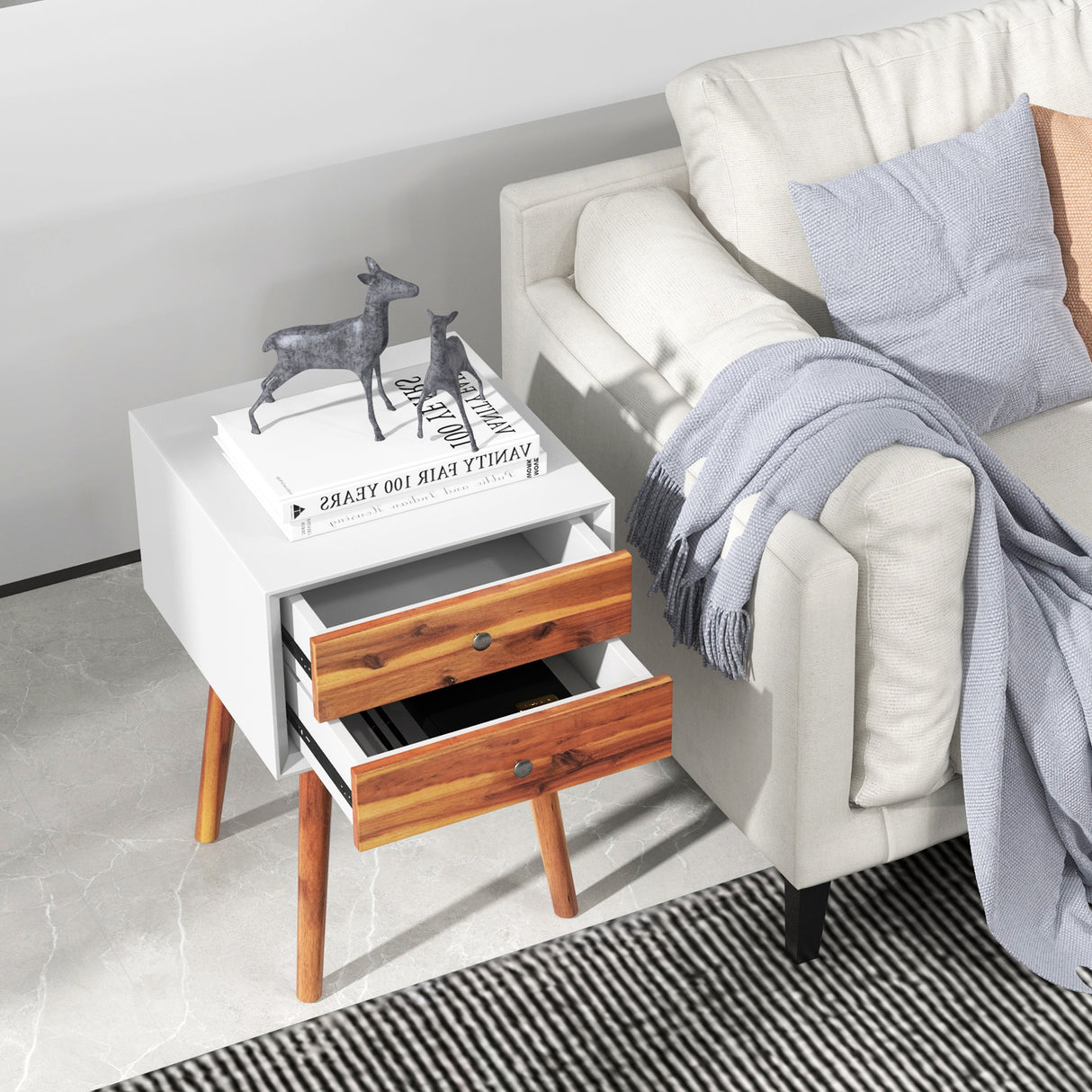 Mid-Century Wooden Multipurpose End Table with 2 Storage Drawers