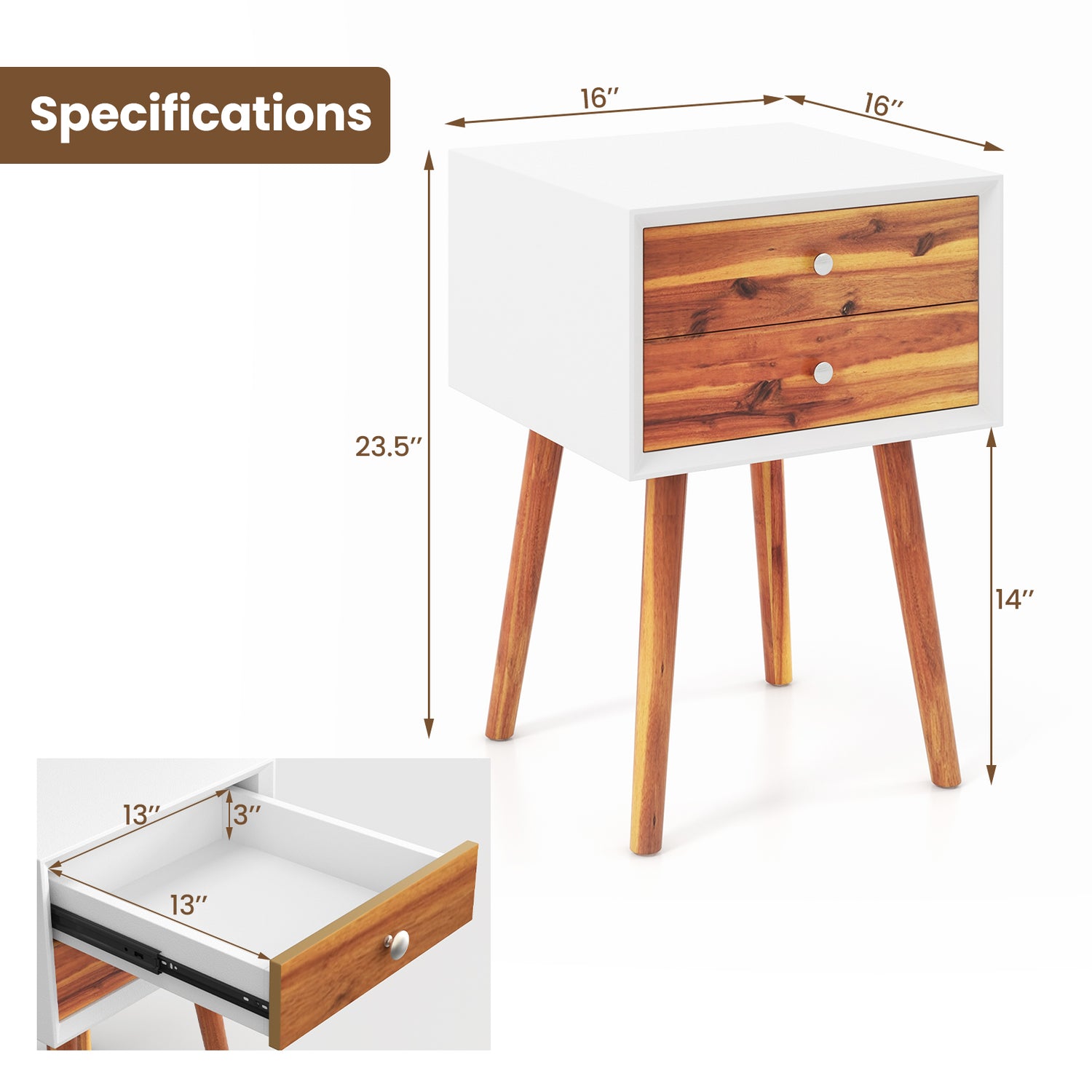 Mid-Century Wooden Multipurpose End Table with 2 Storage Drawers