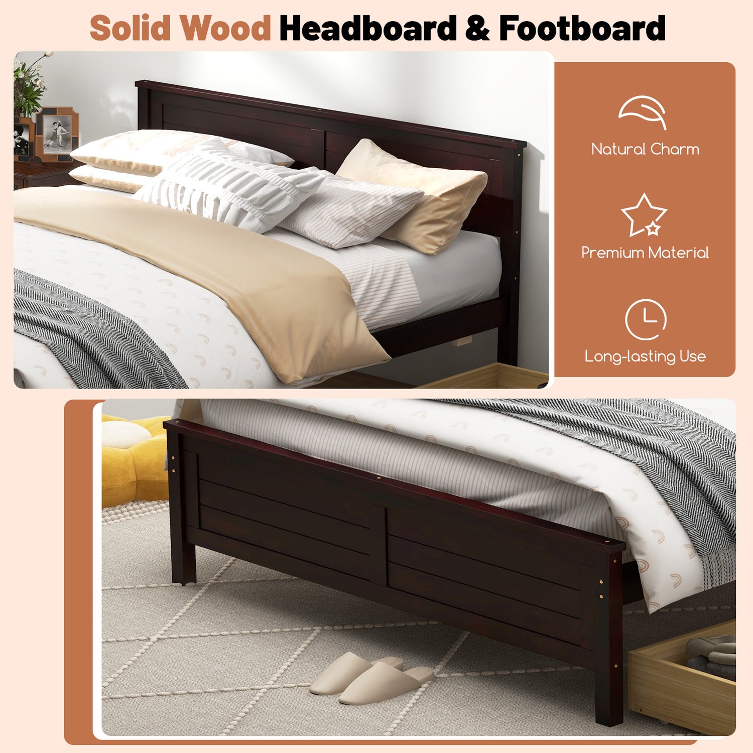 Full Size Bed Frame with Storage Drawers and Solid Wood Headboard